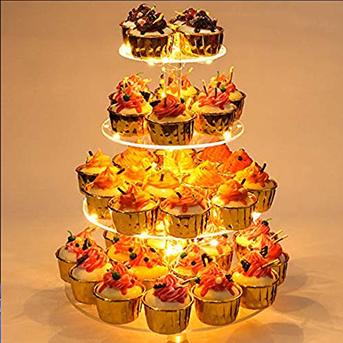 YestBuy 4 Tier Round Cupcake Stand, Cupcake Holder, 4 Tier Cupcake Tray, Acrylic Cake Tower Stand Display for Pastry + LED Light String, Ideal for Weddings, Birthday Parties (Yellow) - color: Yellow, size: 4 Tier Round