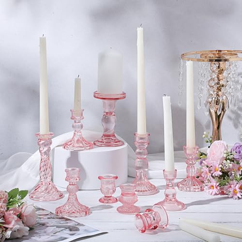 Mumufy 20 Pcs Glass Crystal Taper Candle Holders Clear Glass Candlestick Holder Fit 0.8 Inch Candles Crystal Decorative Candle Stand Centerpiece Table Wedding Dining Party(Pink) - color: Pink