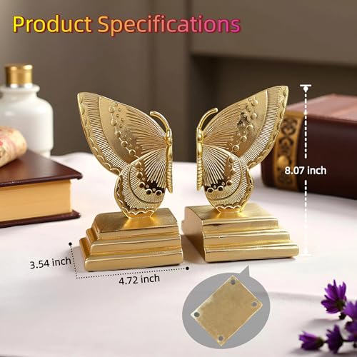 Butterfly Book Ends Decorative Bookends for Shelves, Elegant Butterfly Bookends for Bookshelf Decor, Animal Decorative Book Stoppers for Home Office - color: Butterfly - Gold