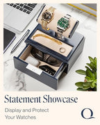 QWATCH Watch Stand Display Case - Acrylic Watch Box for 2 or 4 Watches with Jewelry Valet Tray and Drawer - color: Single - Navy / Ivory