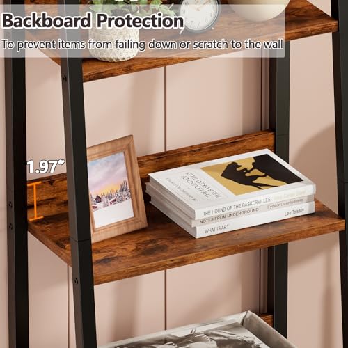 Furologee 4-Tier Ladder Shelf, Ladder Bookshelf with Removable Drawer, Rustic Bookcase Storage Rack Organizer, Wood Metal Freestanding Storage Shelves for Living Room, Home Office, Bedroom, Kitchen - color: Rustic Brown, size: 4-Tier, 15" W