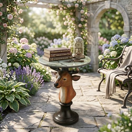 Deer Head Sculptural Accent Table for Living Room & Entryway, 19.69" D x 25.59" H, Resin Animal End Table, Waterproof Outdoor Decor, Unique Gift for Housewarming - color: Realistic Deer Color