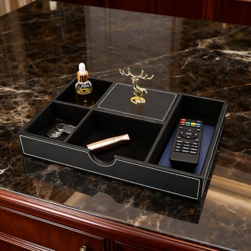 Jewelry Trays Nightstand Organizer, Valet Tray for Men and Women, Dressing Table Storage Box, Dark Brown Faux Leather, 5 Compartment - color: black