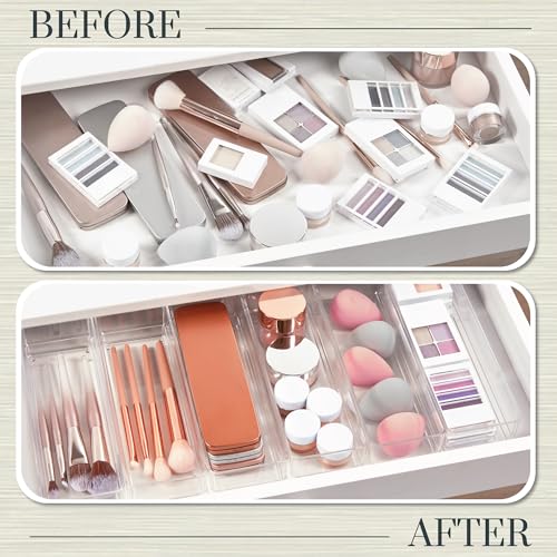 STORi SimpleSort 6-Piece Stackable Clear Drawer Organizer Set | 9" x 3" x 2" Rectangle Trays | Narrow Makeup Vanity Storage Bins and Office Desk Drawer Dividers | Made in USA - size: 9x3x2" (Set of 6)