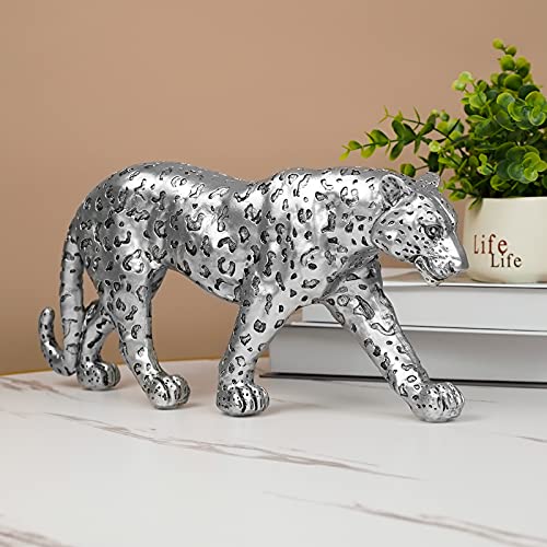 Cheetah Statue Home Decor Leopard Sculpture Resin Sitting Cheetah Figurine Desktop Table Top Ornament Decoration for Home Office-Gold Or Silver (Walking-Silver) - color: Silver