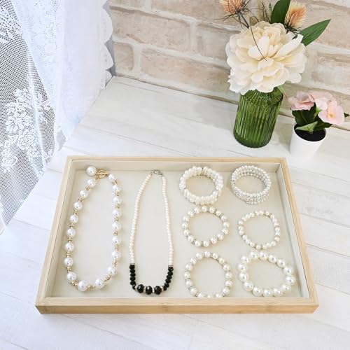 MOOCA 2 Pcs Bamboo Jewelry Display Tray, Presentation Tray, Organizer for Rings, Necklaces, Earrings, and Accessories, Beige Color, 14" W x 9.6" D x 1.2" H - color: 1 Compartment
