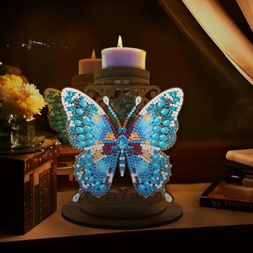 BAYUNOE DIY Candlestick Holders Wooden Desktop Diamond Art Painting Candle Holder Double-Sided Diamond Vintage Modern Decorative for Table Mantel Wedding Dinning Party-Blue Butterfly02 - color: Blue Butterfly02