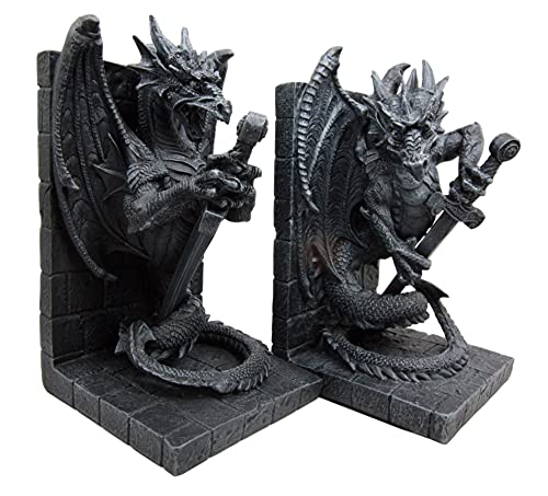 Ebros Gothic Excalibur Sword Guardian Dragon Pair Bookend Set of Two Figurine Faux Stone Sculpture As Renaissance Medieval Fantasy Decor Ancient Serpent Drake Creature for LOTR GOT Fans