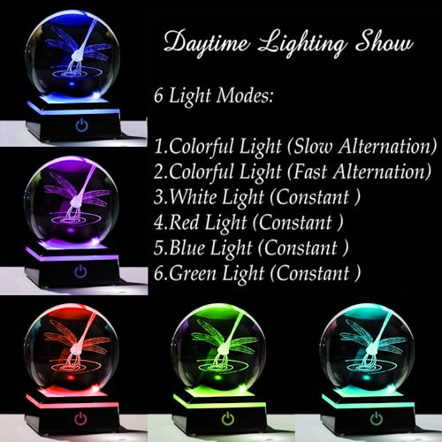 Qianwei Dragonfly Gifts for Women 3D Crystal Ball 3.14'' - Laser Dragonfly Decor Glass Animals Dragonfly Gifts Figurines Statue Stuff for Room Decorations Dragonfly Night Light - style: Dragonfly