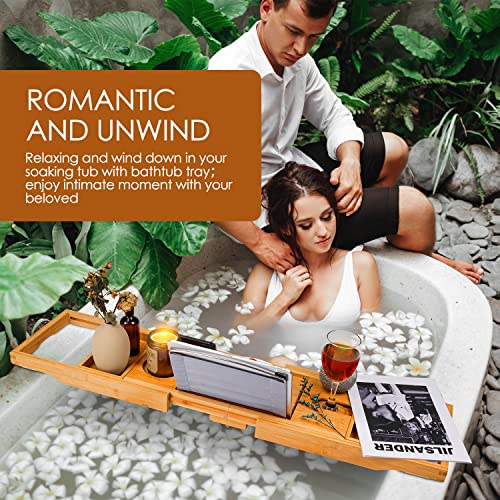 Foldable Bathtub Caddy Tray, Bamboo Bath Tub Tray Table for Tub with Wine Glass Holder Book Phone Tablet Holder with Extending Sides, Adjustable Bathroom Bathtub Free Soap Holder Gift Idea (Beige) - color: Beige