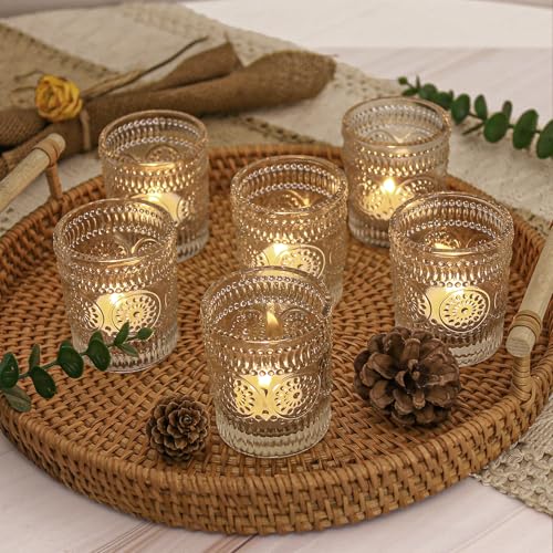 4 Pcs Clear Glass Votive Candle Holders, Tealight Candle Holders for Table Centerpieces, Vintage Candle Holder Bulk, Boho Wedding, Home, Bridal Shower, Birthday Party Table Decor (Clear) - color: Clear