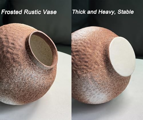 GeLive Round Hammered Finish‌ Rustic Pottery Vase, Handmade Ceramic Flower Vase for Home Decor, Farmhouse Centerpiece Moon Jar Vase (Brown, 7inch)‌