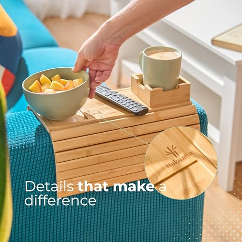 Couch Arm Tray Table with Cup Holder, No More Spills or Clutter, Bamboo Sofa Arm Tray for Drinks Snacks and Phone, Non Slip Foldable Couch Organizer