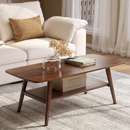 100% Solid Oak Wood Coffee Table with Storage Shelf, 2-Tier Rectangle Coffee Table for Living Room, Modern Center Table for Living Room (Walnut Colour, 47.24" W x22.05 D x 17.32" H) - color: Walnut Colour, size: 47.24"W x22.05" D x 17.32" H