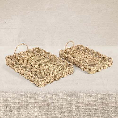 Household Essentials Woven Seagrass Scalloped Rectangular Trays, Set of 2, Natural - color: Natural Seagrass, size: 16" x 11.5" x 4.8"