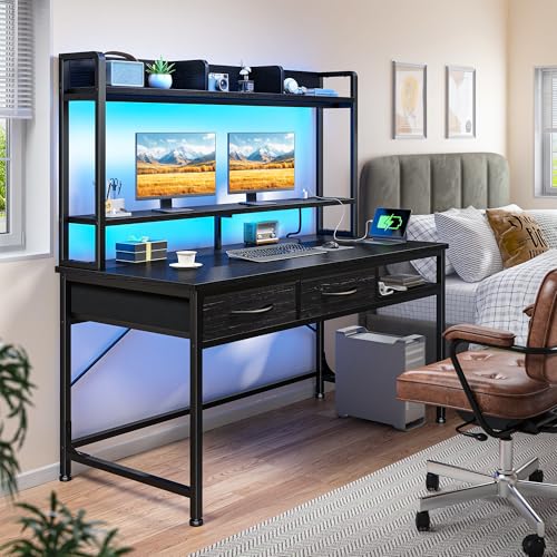 DurayLoly 47.2" Gaming Desk with Hutch &2Drawers,Office Desk with Storage Rack&Monitor Stand, Computer Desk with LED&Power Outlet,Modern Study Writing Desk for Bedroom Home Office,Small Space,Black - color: Black, size: 18.9"D x 47.2"W x 61.1"H