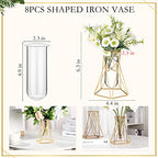 Roshtia 8 Set Gold Glass Vase for Centerpieces Metal Geometric Test Tube Vase Modern Hydroponic Flower Stand with Glass Cylinder for Flowers Plant Wedding Office Home Centerpiece (6.3 Inch)
