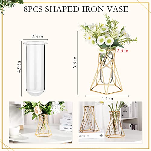 Roshtia 8 Set Gold Glass Vase for Centerpieces Metal Geometric Test Tube Vase Modern Hydroponic Flower Stand with Glass Cylinder for Flowers Plant Wedding Office Home Centerpiece (6.3 Inch)