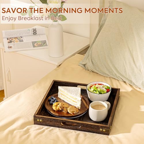Yangbaga Serving Tray with Handles,13"*13"Wood Decorative Tray for Living Room,Modern Coffee Table Tray,Square Large Serving Platters for Home Decor,Ottoman,Bed,Kitchen,Bathroom, Breakfast,Bar - size: 13" x 13" x 1.8"