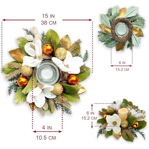 18" Centerpiece with Flameless LED Candle Holder, Design with White Artificial Magnolia, Gold Baubles & Spruce Branches for Holiday Decor (White) - color: White
