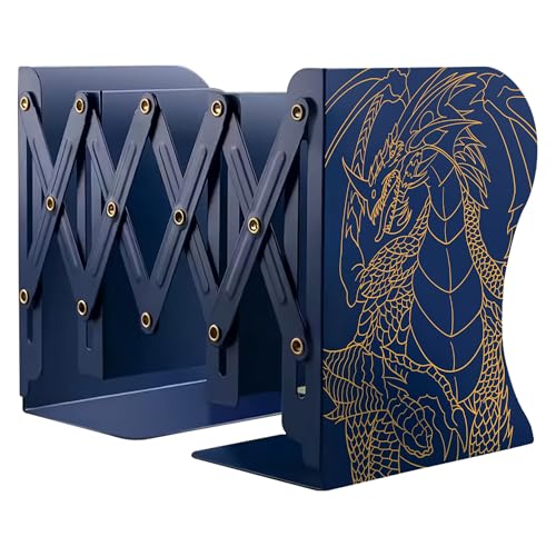 Dragon Bookends, Adjustable Bookends, Unique Book Holders for Shelves, Metal Book Ends for Heavy Books, Non-Skid Book Stander for Desk, Shelf, Office, Stationery Gift (Blue 2) - color: Blue 2