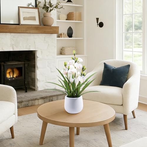 Artificial Orchid Flowers Fake Cymbidium Plant in Pot, 19" Tall Faux Orchids for Home Decor Indoor, Lifelike Silk Flowers for Centerpieces Office Arrangement-White