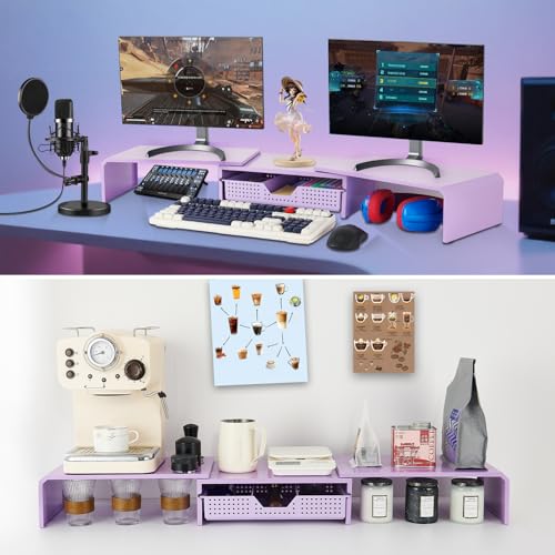 LEKETREE Dual Monitor Stand Riser with Drawer, Desk Organizer and Accessories, Metal Laptop Stand for Desk, Workspace Desktop Stand for Computer, Laptop, TV and More (Purple) - color: Purple