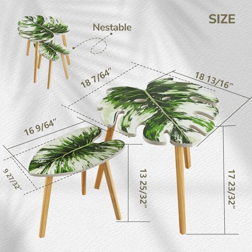 BAMEOS Monstera Leaf Nesting Tables Set of 2, Small Side Tables f Set with Leaf Vein Pattern, Modern Wooden CoffeeTables for Living Room Bedroom Apartment Balcony Yard - color: White Monstera