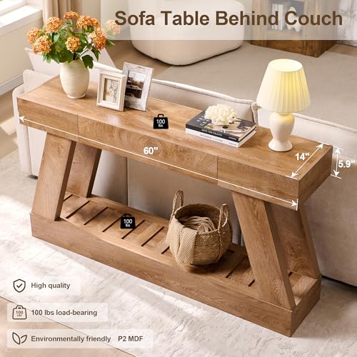 60" Farmhouse Entryway Table with Drawer, Wooden Hallway Foyer Table with Heavy Duty Base, Sofa Table for Living Room(Light Knotty Oak) - color: Light Knotty Oak