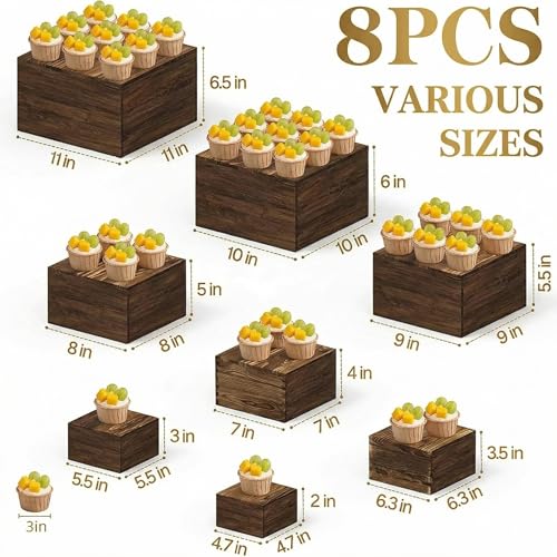 8 PCS Wooden Buffet Risers, Nesting Rustic Wood Display Stands, Multi-Size Dessert Table Display Set for Catering, Wedding & Party Events
