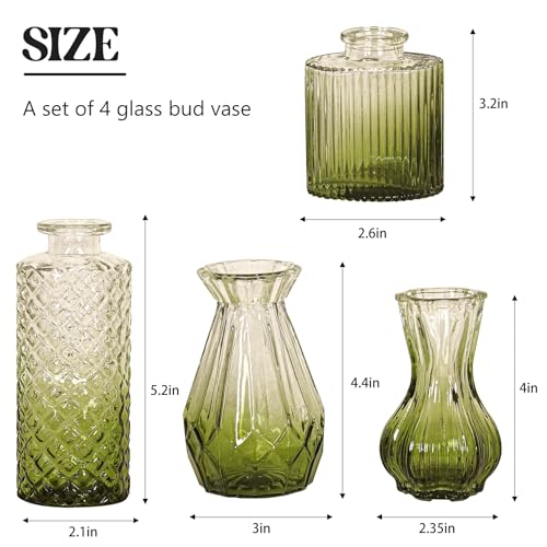 Set of 4 Glass Bud Vase Set, Small Vintage Clear Flower Vase Centerpieces for Table Bulk Cute Rustic Style Mini Vase for Home Decor Wedding Baby Shower Birthday Party(Ombre Green) - color: Ombre Green