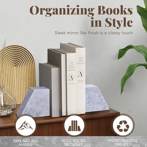 Flexzion Book Ends for Heavy Books - White Marble Bookends Decorative for Shelves, Weighted Modern Stone Marble Bookends Stopper with Non-Skid Bottom for Desk, Shelves, Kitchen and Office (Set of 2)