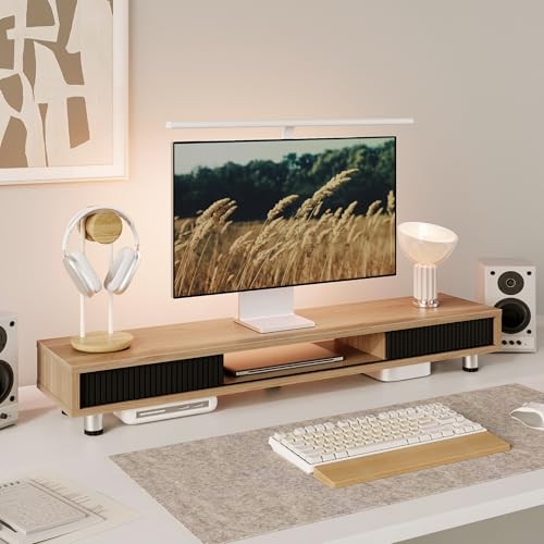 Fenge Dual Monitor Stand, 42.5inch Long Monitor Stands Riser for 2 Monitors, Sliding Door with Storage Organizer Stand for Desk, 2 Tier Desk Shelf for Laptop, Pc, Printer, Computer, TV - color: Dark Oak
