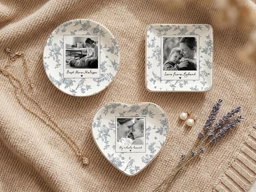 Personalized Heart Photo Ring Dish Toile De Jouy Custom Jewelry Tray Mother Of The Bride Wedding Keepsake Porcelain Trinket Bowl Birthday Engagement Present For Her Daughter Son Jewelry Holder - color: Design 04