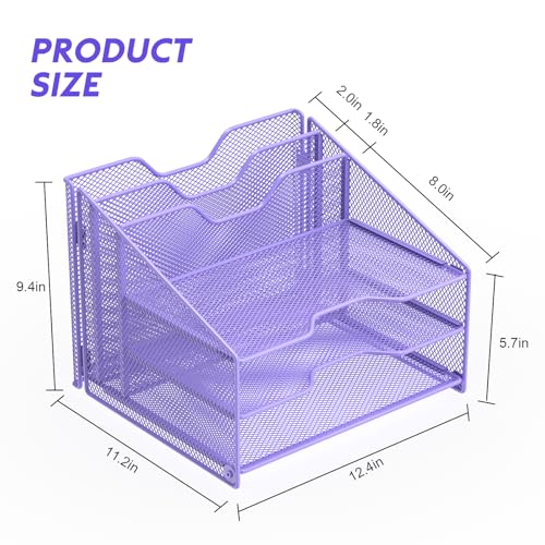 Samstar Purple Desk File Organizer, Mesh Letter File Folder Holder with 3 Paper Trays and 2 Vertical Upright Section, for Office Supplies, Desk Accessories & Workspace, Purple - color: 1 Pack Purple