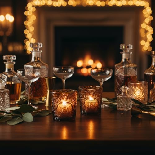 12 Pack Mandala Embossed Glass Candle Holders – Votive Tealight Holders with Patent Design, Decorative Embossed Glass Cups for Wedding Centerpieces, Parties, and Home Décor (Chestnut Brown) - color: Chestnut Brown