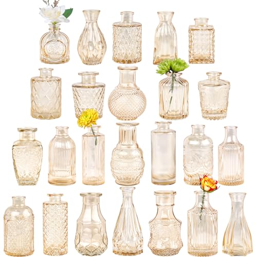 TBWIND Glass Bud Vase Set of 24, Small Amber Flower Vases for Centerpieces in Bulk, Mini Vintage Vase for Wedding Decor, and Home Table Décor - color: 24pcs-amber