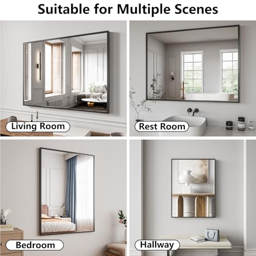 Koonmi Bathroom Mirror for Wall, 30"x40" Black Bathroom Mirror for Over Sink, Shatterproof Tempered Glass Vanity Mirror with Anti-Rust Aluminum Alloy Frame, Hang Horizontally or Vertically - color: Square Edged, size: 40"L x 30"W