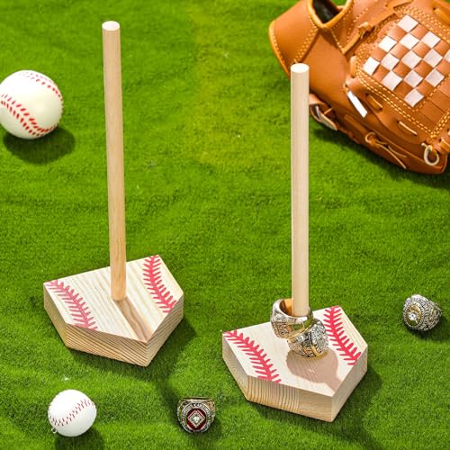 Beeveer 2 Sets Baseball Wooden Ring Holder 10 Inches Softball Ring Display Stand Stacked Storage Organizer Christmas Birthday Gift for Dad Grandpa - color: Red Color