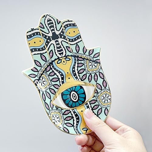Ceramic Hamsa Hand Incense Holder - 2 in 1 Brass Incense Holder for Sticks and Coil Incense- Zen Decor with Hand of Fatima Design Protection from Evil - 6.2" L X 4.5" W (Green) - color: Green