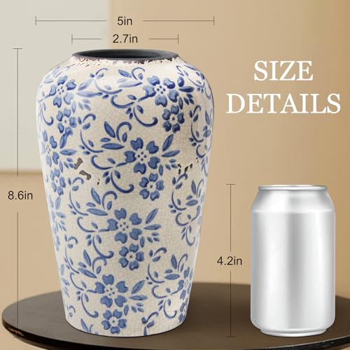 BEAHOT 8.6 Inch Chinoiserie Ceramic Vase – Blue and White Tall Vintage Flower Vase, Large Retro Chinoiserie Cracked Porcelain Decor for Living Room Centerpieces, Bookshelf, Grand Millennial Decor - color: White-blue