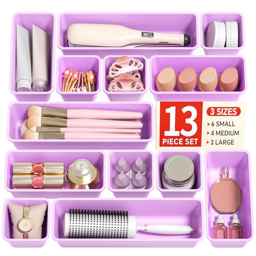 Canfanni 13 Pack Plastic Drawer Organizers Set, 3 Sizes Desk Drawer Organizer Trays for Vanity and Makeup Organizer, Organization and Storage for Makeup, Kitchen Utensils, Bathroom and Office(Purple) - color: Purple