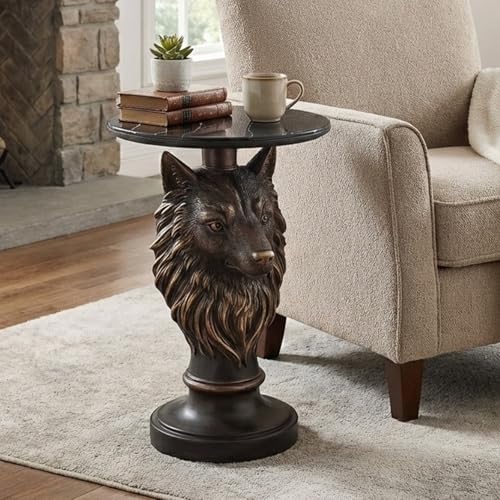 Bronze Wolf Side Table,Realistic Animal Head End Table with Marble Look Top,25" Tall Resin Furniture for Man Cave, Game Room, Unique Gift for Hunters & Men - color: Majestic Wolf Base