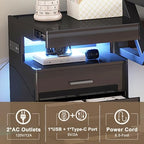 Treocho Led Nightstand with Hidden Space, Modern Night Stand with Charging Station, 3 Drawer Smart Nightstand with Glossy Finish, Tall Bedside Table with RGB Lights for Bedroom, Black - color: Black