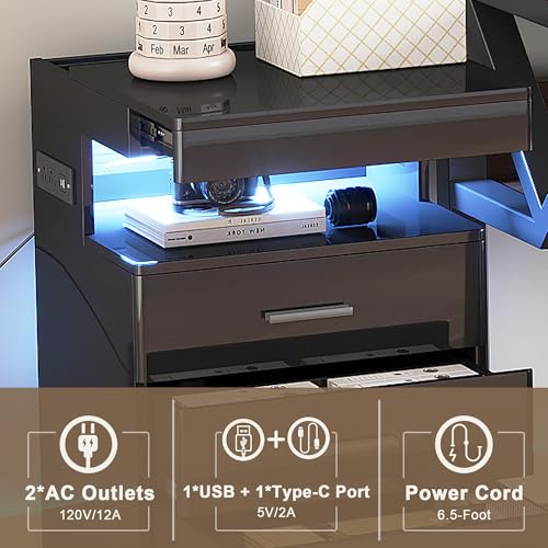 Treocho Led Nightstand with Hidden Space, Modern Night Stand with Charging Station, 3 Drawer Smart Nightstand with Glossy Finish, Tall Bedside Table with RGB Lights for Bedroom, Black - color: Black