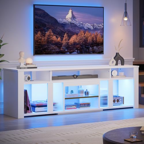 Bestier 80 Inch TV Stand for 85 Inch TVs, Modern Open Entertainment Center with LED Lights & Adjustable Shelves, Media Console for Gaming Setup and Home Theater (White)