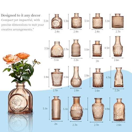 Glass Bud Vases Set of 16 - Amber Assorted Small Mini Glass Vases for Flowers, Crystal Vintage Vase Set, Bulk Centerpieces for Table Décor, Wedding, Home and Events (Amber, 16 Pcs) - color: Amber, size: 16 Pcs