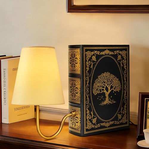 AELS Vintage Bookshelf Lamp with Bulb, Table Lamp with Linen Shade, 3-Color Dimmable Touch Control, Modern Farmhouse, Book Sconce for Office Home Bedroom Bookshelf, Tree of Life on Black & Gold - color: Tree of Life Black, size: Plug-in Model