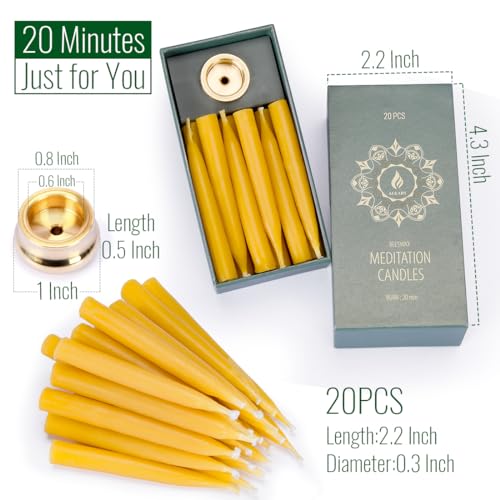 20 Minute Pure Beeswax Candles, Dripless Meditation Candles, Mini Taper Candles, Set of 20 with Brass Candle Holders. - color: 20PCS & Brass holder