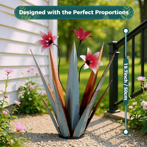 1 Pack Metal Agave Plant Sculptures, Outdoor Agave Plants, Tequila Rustic Sculpture, 16” Hand Painted Garden Decoration Yard Art Plant - color: Retro Blue 1pc W/ Flower